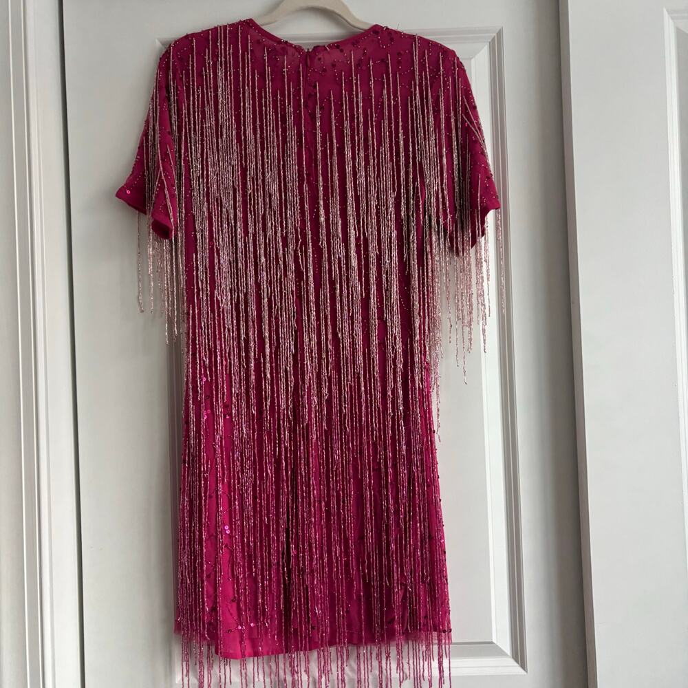 NWT Nasty Gal Tassel Beaded Mini Shift Dress Size 8 Party Hot Pink Festival - Picture 7 of 13